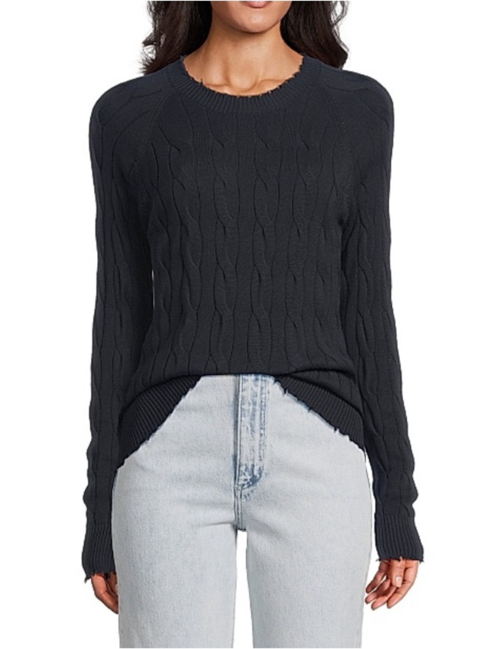 MINNIE ROSE Women's Frayed Cable-Knit Crewneck Sweater